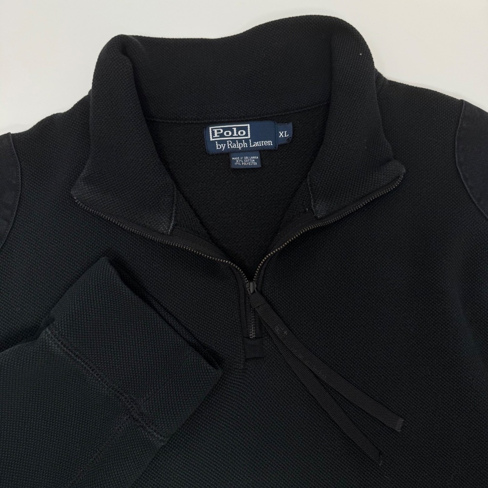 Polo Ralph Lauren Mens XL Black Waffle Knit Quarter Zip Pullover Shoulder Patch
